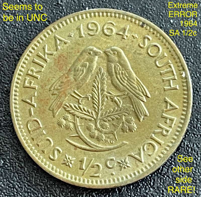 An extremely rare and visible error 1964 SA half cent. Seems to be in an UNC condition.