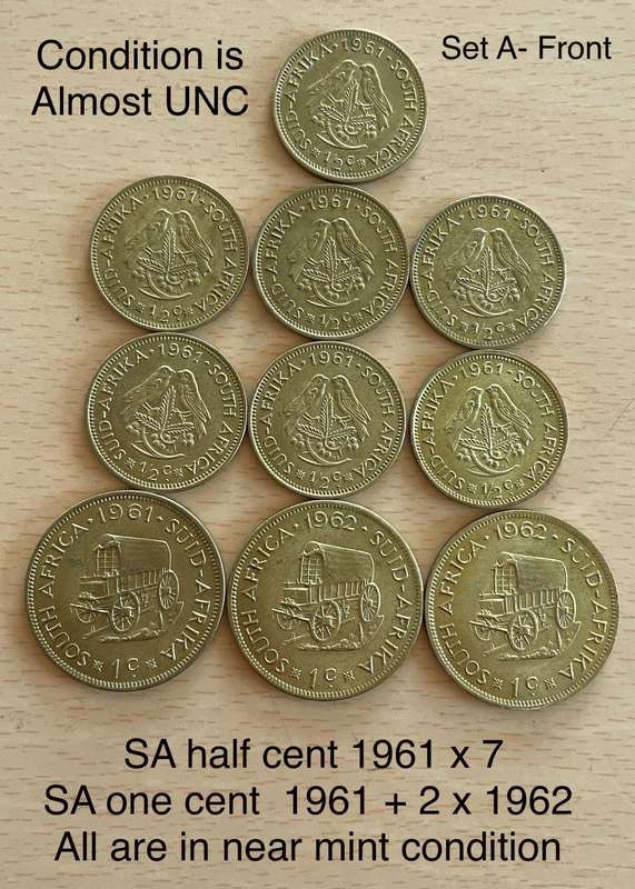 1961 to 1964 SA 1/2c and 1c coins. Buyer gets all 55 coins. 10 coins are UNC or AUNC