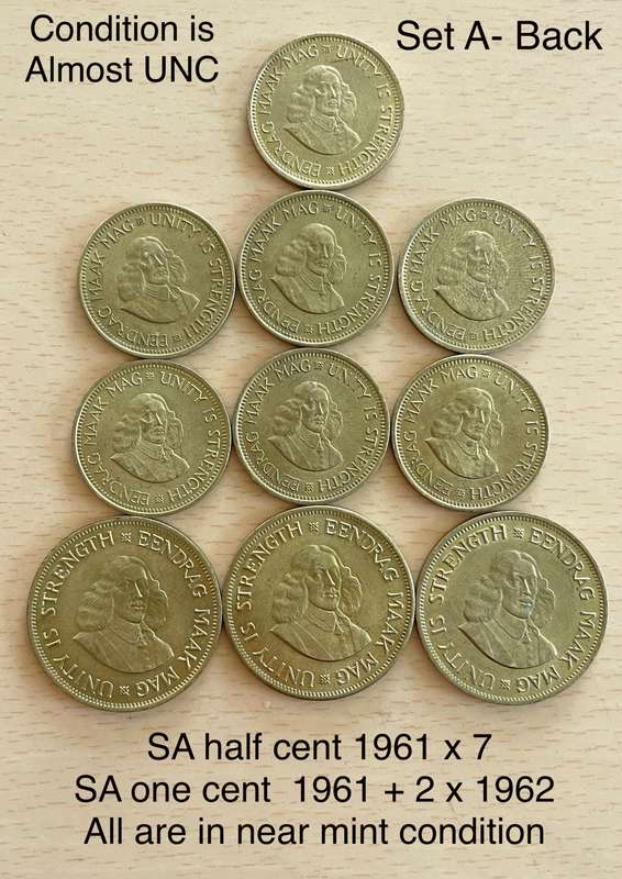 1961 to 1964 SA 1/2c and 1c coins. Buyer gets all 55 coins. 10 coins are UNC or AUNC