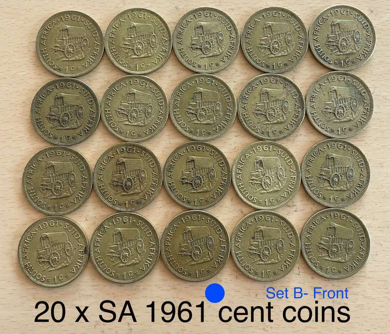 1961 to 1964 SA 1/2c and 1c coins. Buyer gets all 55 coins. 10 coins are UNC or AUNC