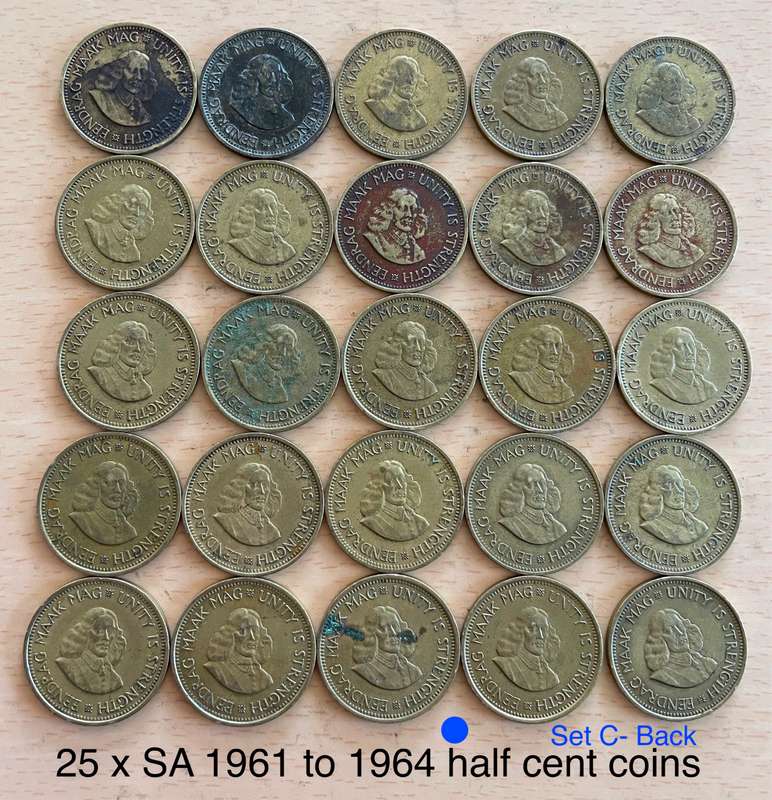 1961 to 1964 SA 1/2c and 1c coins. Buyer gets all 55 coins. 10 coins are UNC or AUNC