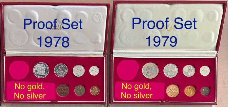 1978+1979 SA Proof coins sets. No gold and no silver. Buyer takes all.