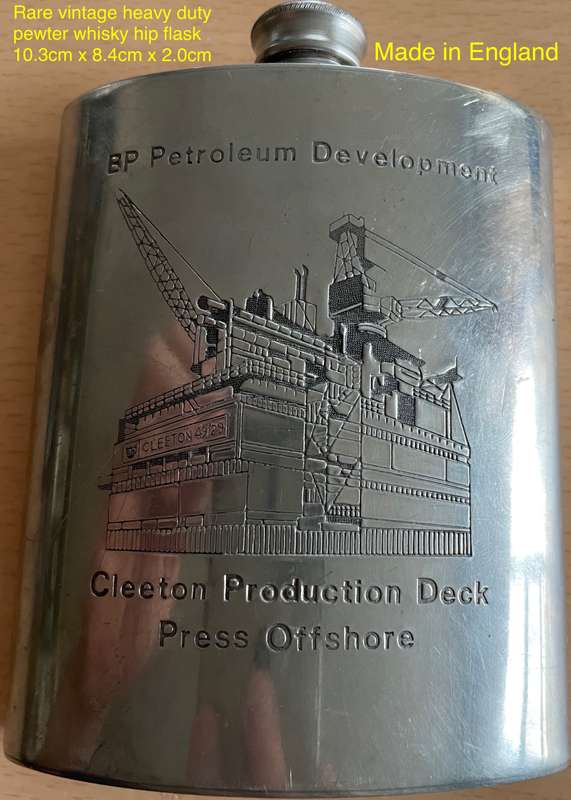 Large vintage heavy English Pewter whisky hip flask. Rare. Engraving-  BP's Off Shore Oil Rigs