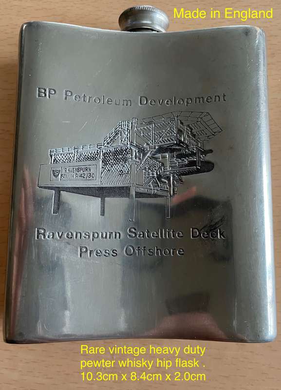 Large vintage heavy English Pewter whisky hip flask. Rare. Engraving-  BP's Off Shore Oil Rigs