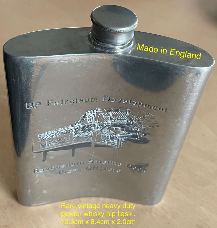 Large vintage heavy English Pewter whisky hip flask. Rare. Engraving-  BP's Off Shore Oil Rigs