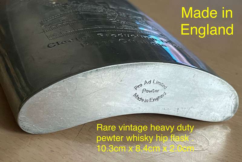 Large vintage heavy English Pewter whisky hip flask. Rare. Engraving-  BP's Off Shore Oil Rigs