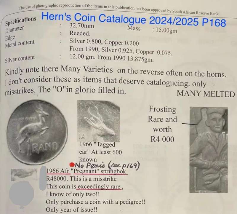 Rare 1966 AFR SA "without a penis" (pregnant?) Springbok silver Rand. Hern's book 2024/2025 p168/169