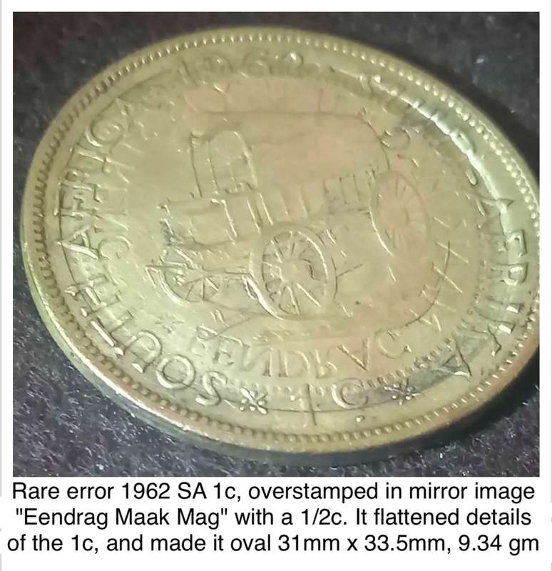 Unique error 1962 1c overstamped in mirror image with a half cent. Also oval, not round.