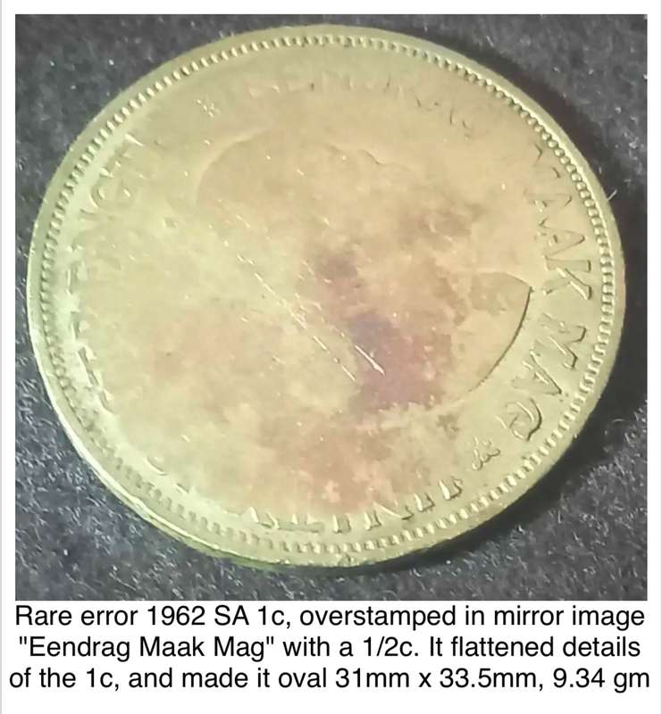 Unique error 1962 1c overstamped in mirror image with a half cent. Also oval, not round.