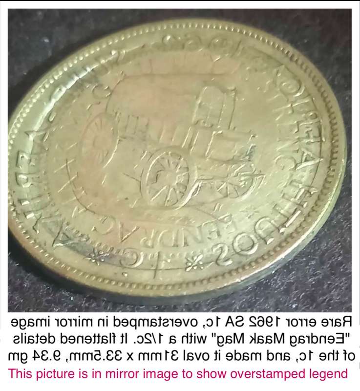 Unique error 1962 1c overstamped in mirror image with a half cent. Also oval, not round.