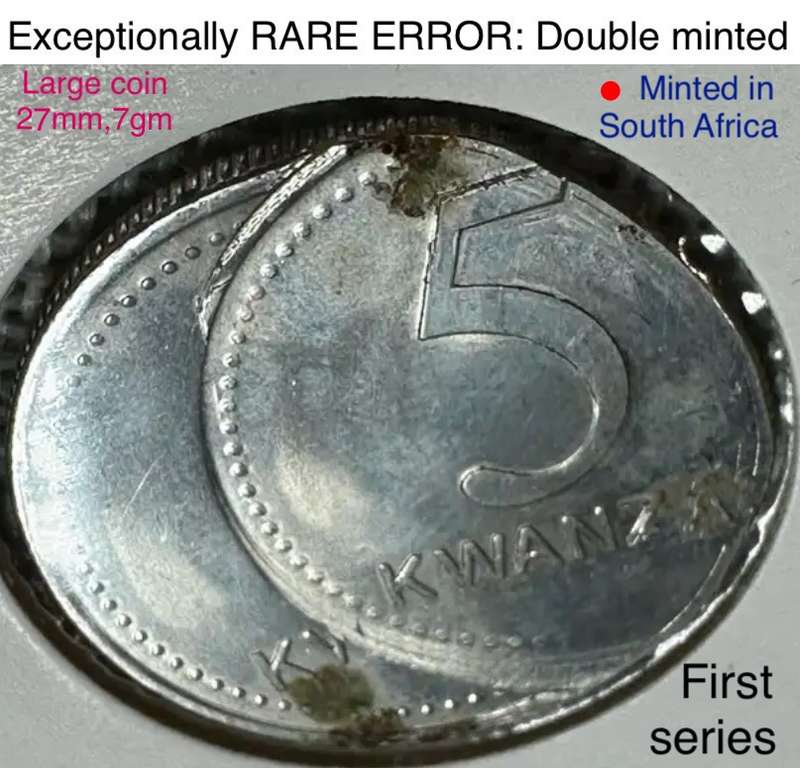 Rare- twice struck "Siamese Twins" error 1999 Angola 5 Kwanzas. Minted in Pretoria Mint.  7gm 27mm