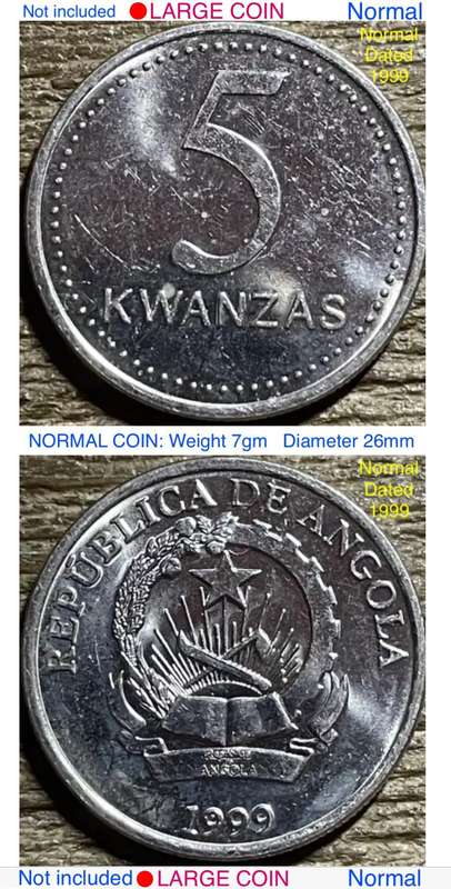 Rare- twice struck "Siamese Twins" error 1999 Angola 5 Kwanzas. Minted in Pretoria Mint.  7gm 27mm