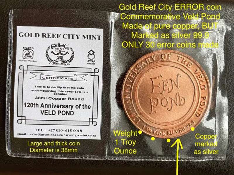 A very rare and interesting 1902 - 2022 Gold Reef City error coin. Only 30 made like this.