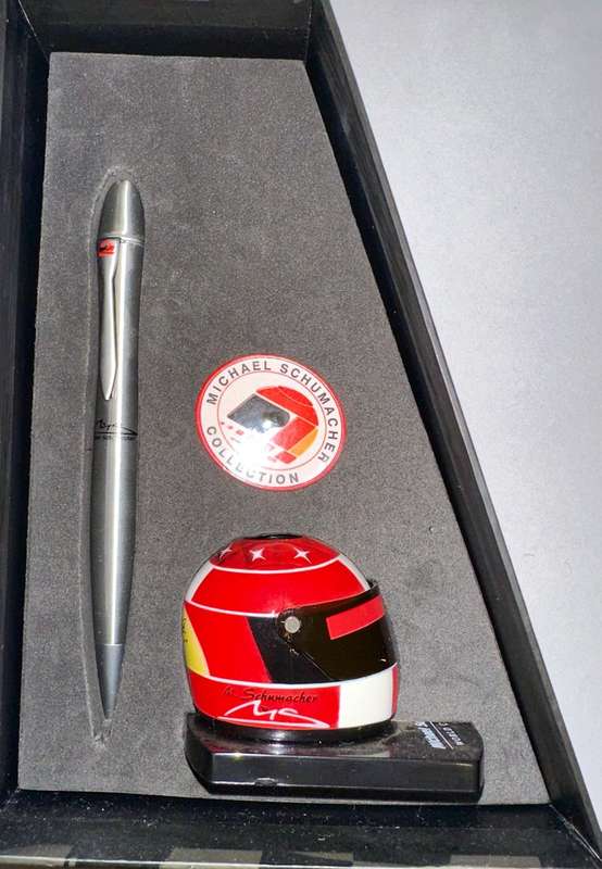Limited Edition Michael Schumacher Ferrari Ball Point Pen + Helmet Desk Holder