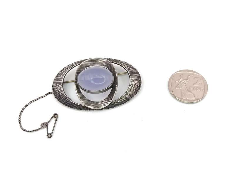 Blue lace agate and sterling silver Modernist brooch- George Xanthides