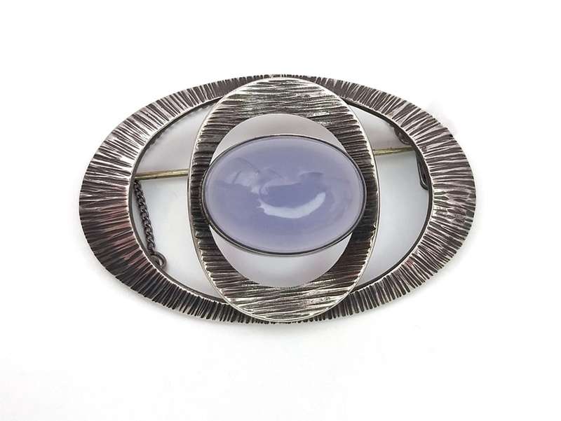 Blue lace agate and sterling silver Modernist brooch- George Xanthides
