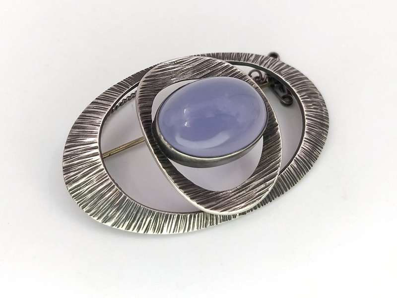 Blue lace agate and sterling silver Modernist brooch- George Xanthides
