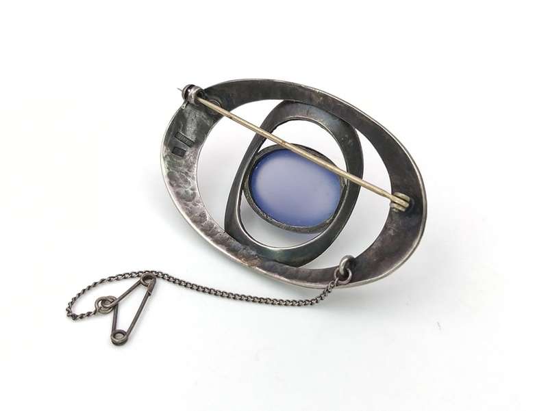 Blue lace agate and sterling silver Modernist brooch- George Xanthides