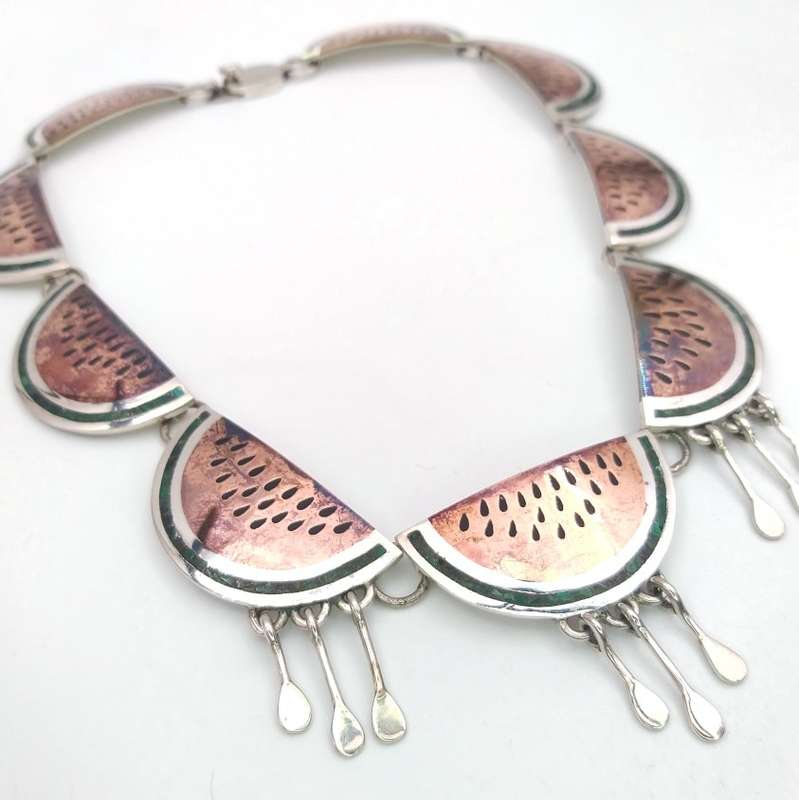 Rare Taxco Mexico watermelon slice necklace (enamel, turquoise & sterling silver)