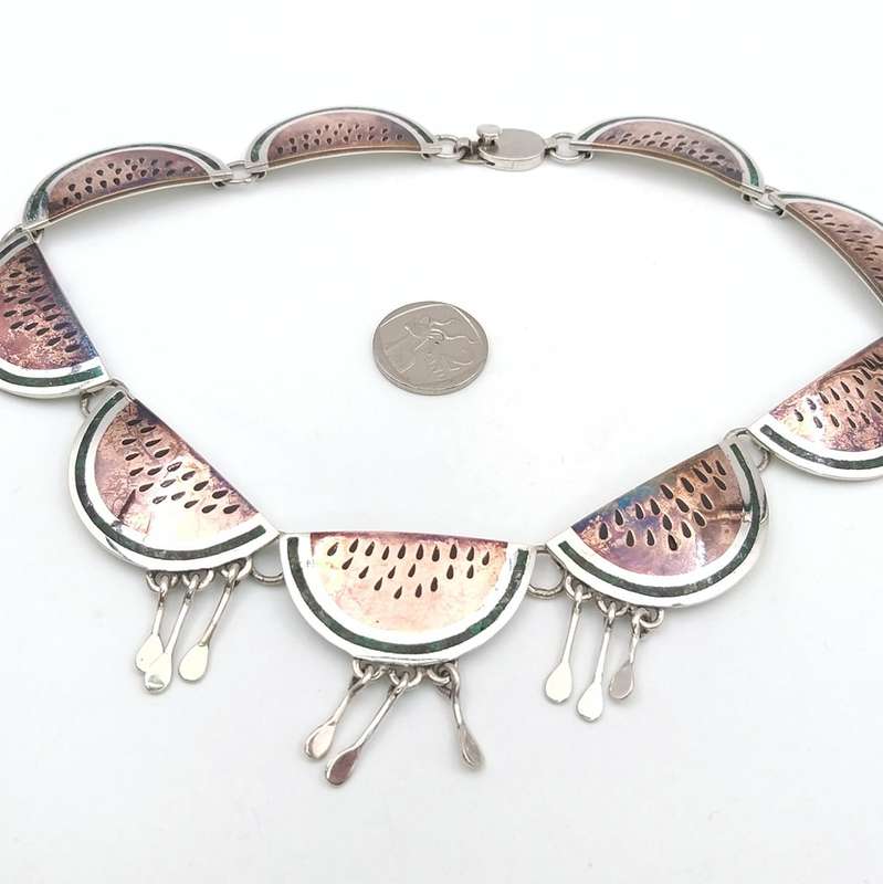 Rare Taxco Mexico watermelon slice necklace (enamel, turquoise & sterling silver)