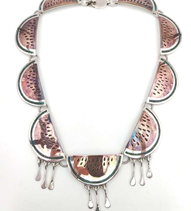 Rare Taxco Mexico watermelon slice necklace (enamel, turquoise & sterling silver)