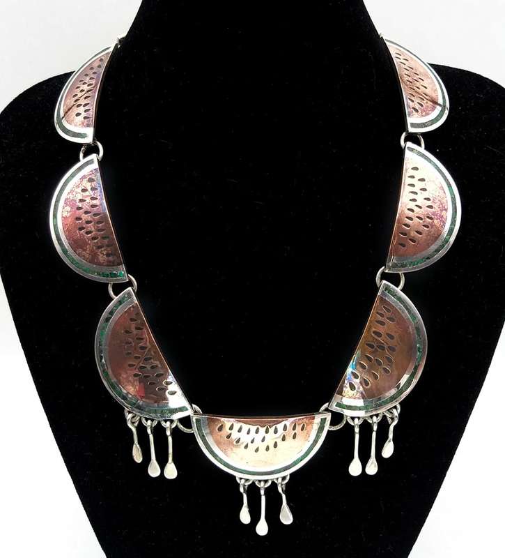 Rare Taxco Mexico watermelon slice necklace (enamel, turquoise & sterling silver)