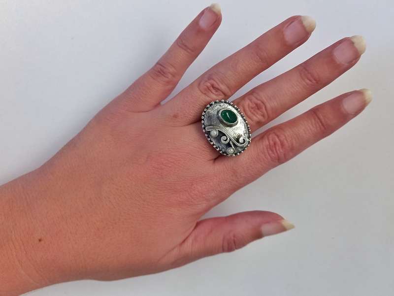 Boho chunky sterling silver ring with green stone