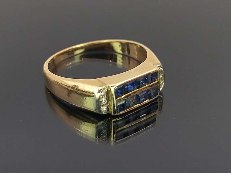 18ct gold blue sapphire & diamond ring (Art Deco style)