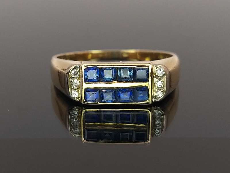 18ct gold blue sapphire & diamond ring (Art Deco style)