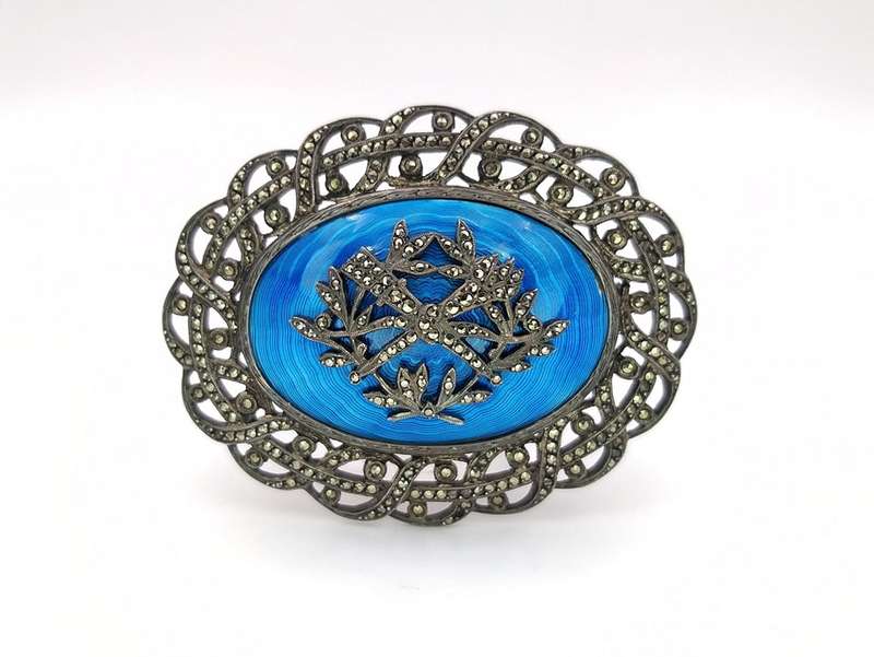 Edwardian French blue enamel & marcasite brooch