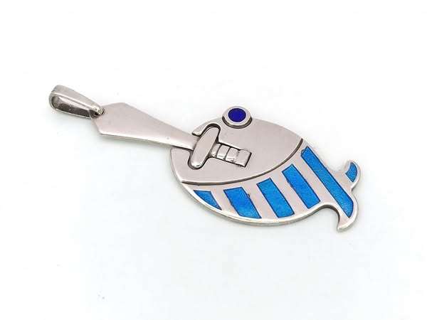 Vintage blue enamel and sterling silver fish pendant (Italy, UnoAErre)