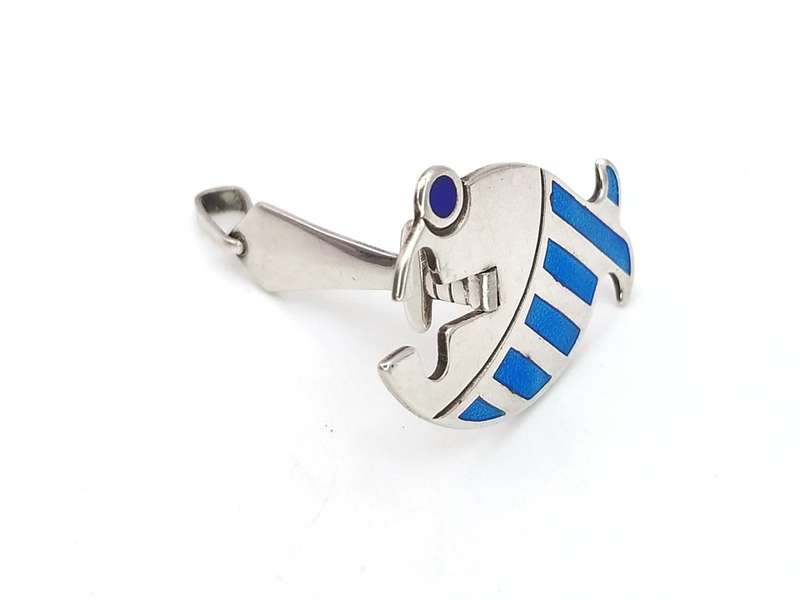 Vintage blue enamel and sterling silver fish pendant (Italy, UnoAErre)
