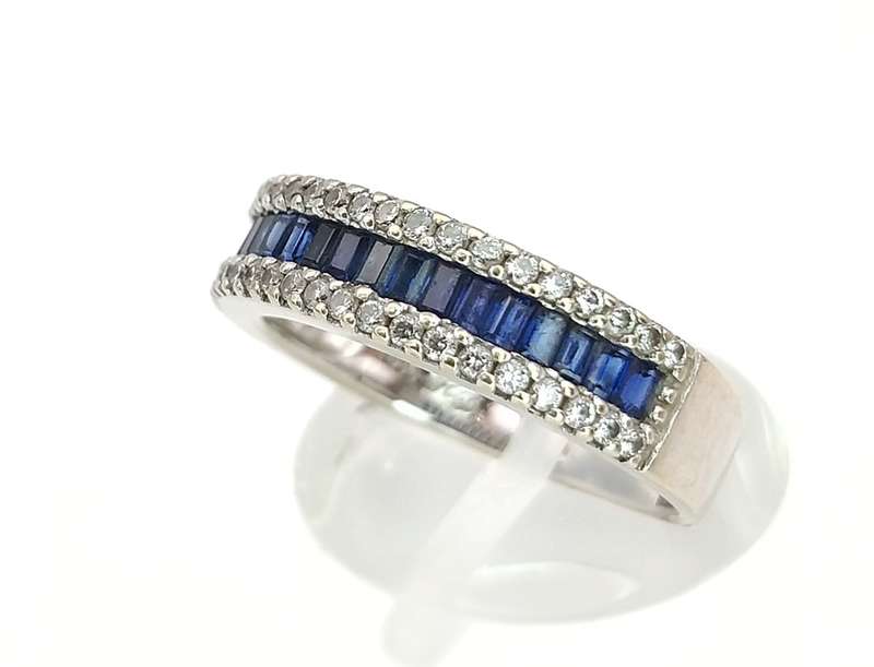White gold half eternity wedding band set with blue sapphires & white diamonds