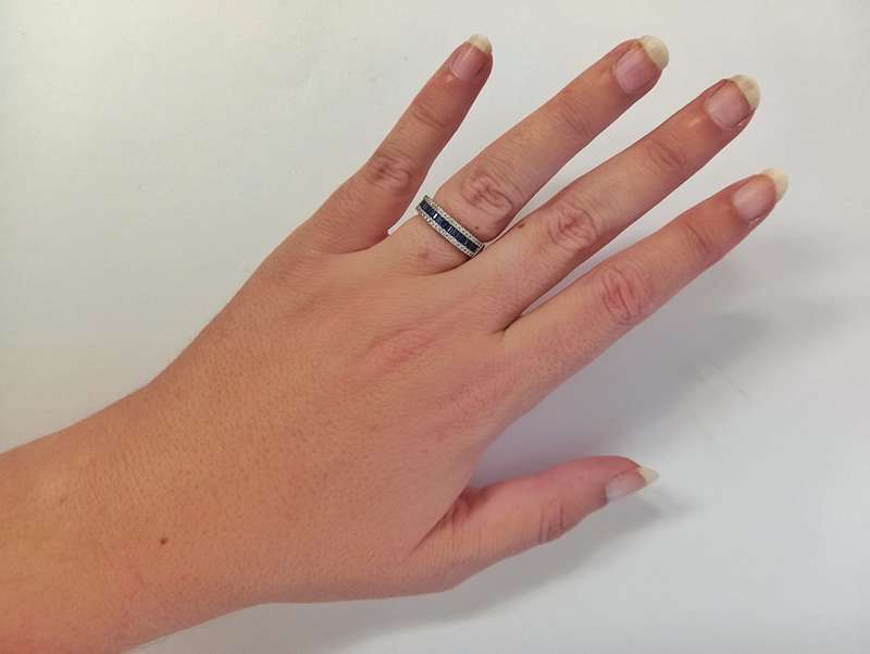 White gold half eternity wedding band set with blue sapphires & white diamonds