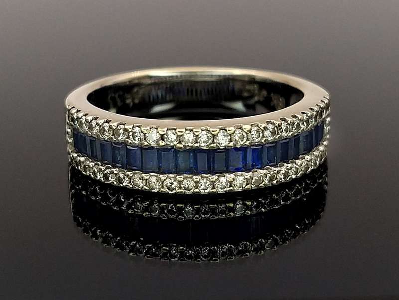 White gold half eternity wedding band set with blue sapphires & white diamonds