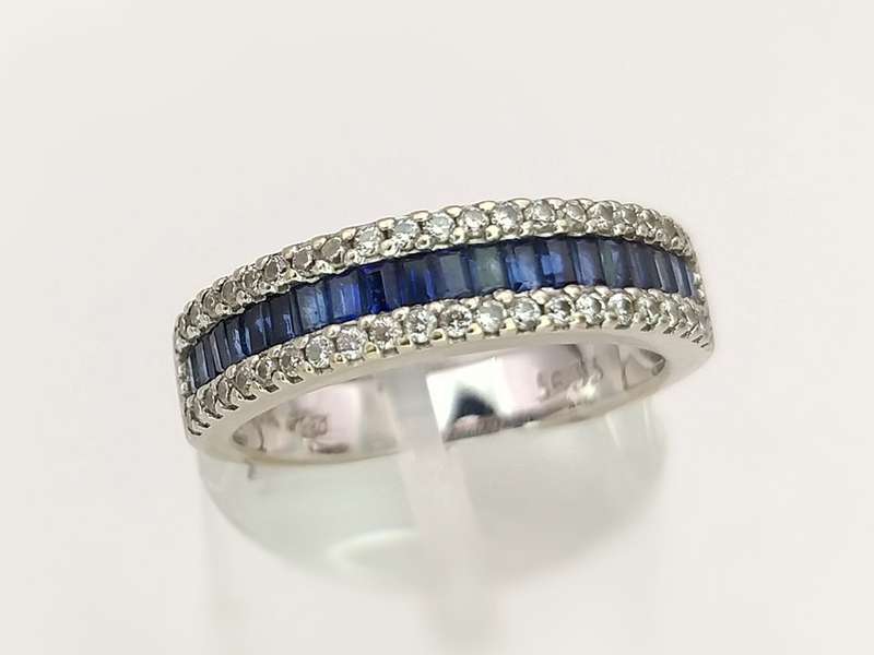 White gold half eternity wedding band set with blue sapphires & white diamonds