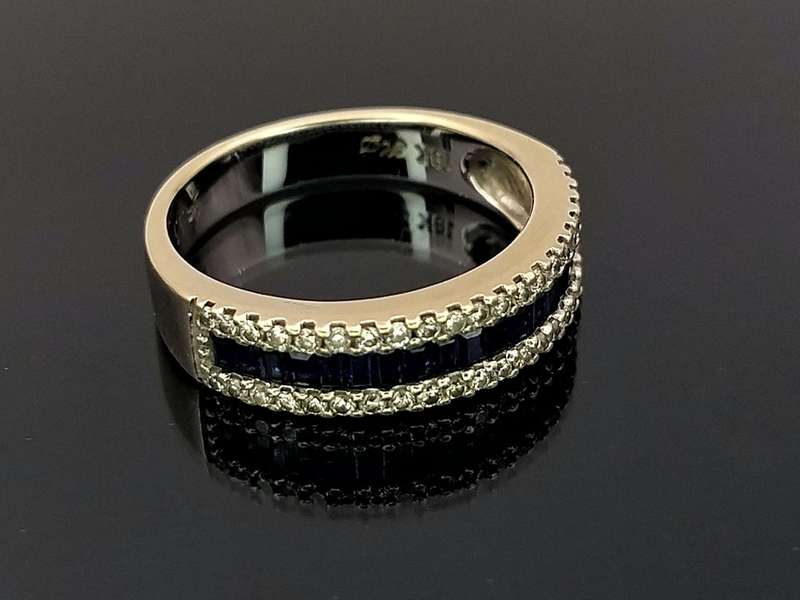 White gold half eternity wedding band set with blue sapphires & white diamonds