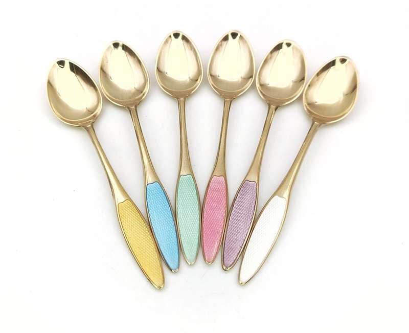 Danish sterling silver & pastel enamel demitasse teaspoons
