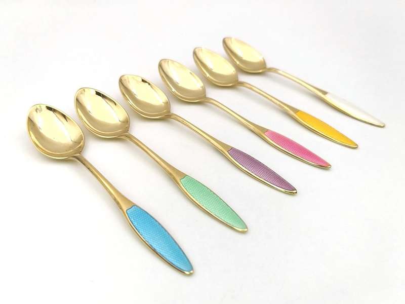Danish sterling silver & pastel enamel demitasse teaspoons