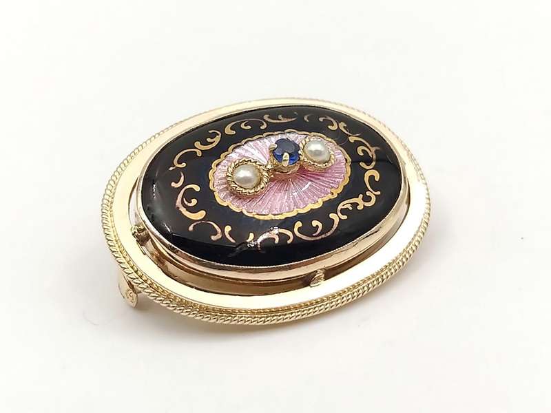 Splendid 14ct gold enamel pearl & sapphire pendant