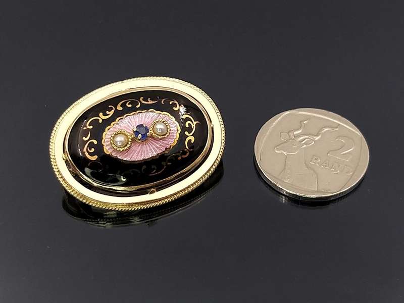Splendid 14ct gold enamel pearl & sapphire pendant