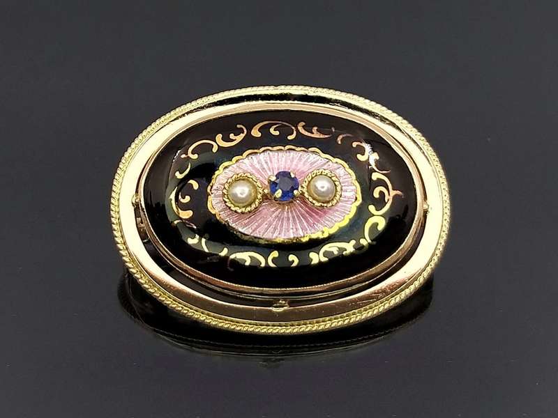 Splendid 14ct gold enamel pearl & sapphire pendant