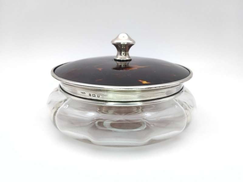 Sterling silver & cut-glass dressing table jar with faux tortoise shell lid