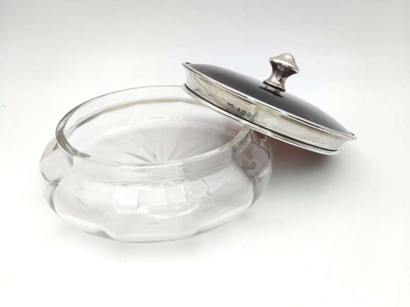 Sterling silver & cut-glass dressing table jar with faux tortoise shell lid