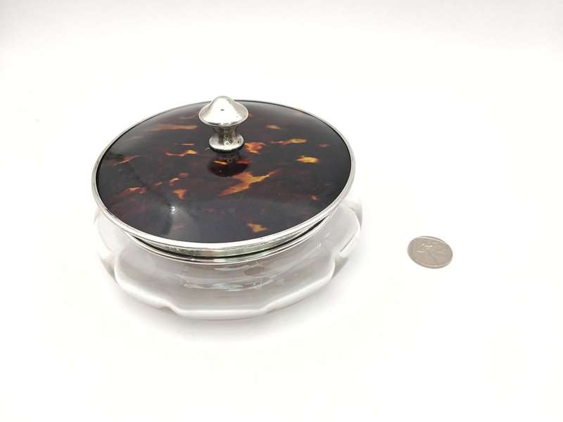 Sterling silver & cut-glass dressing table jar with faux tortoise shell lid