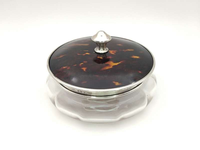 Sterling silver & cut-glass dressing table jar with faux tortoise shell lid