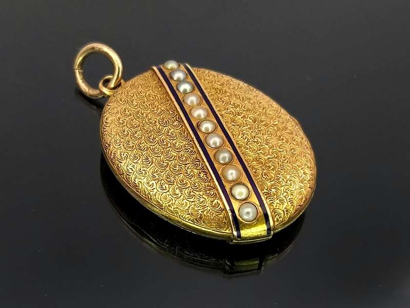 Victorian 14ct gold & midnight blue enamel locket set with seed pearls