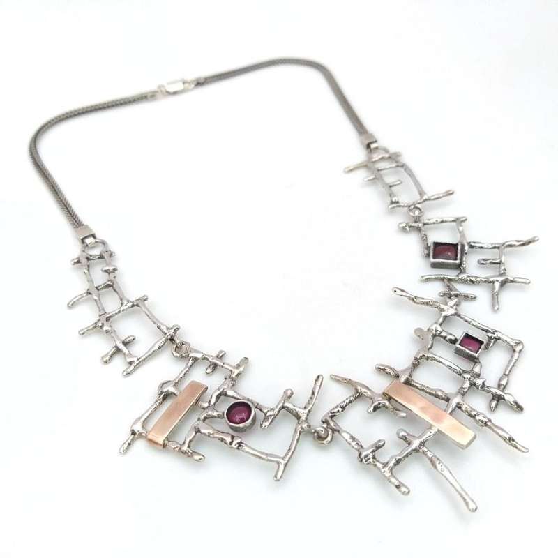 Amazing Brutalist style Midcentury Modern garnet necklace (rose gold & sterling silver)