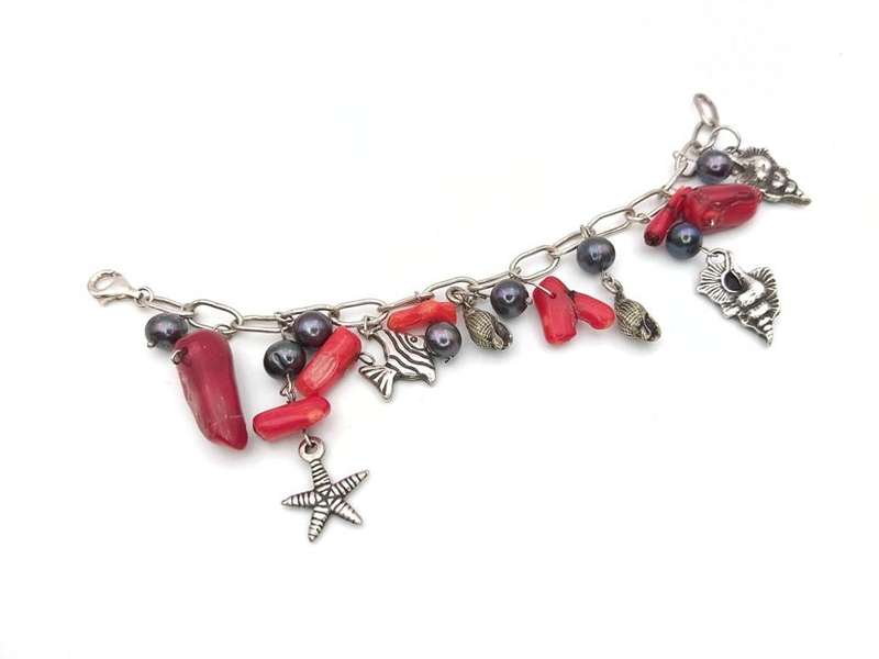 Sterling silver and genuine red coral charm bracelet