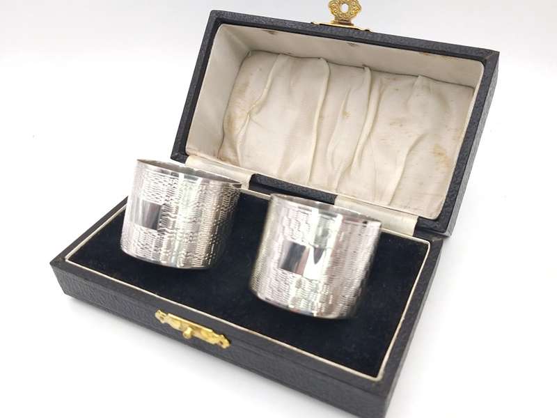 Antique sterling silver serviette rings in box